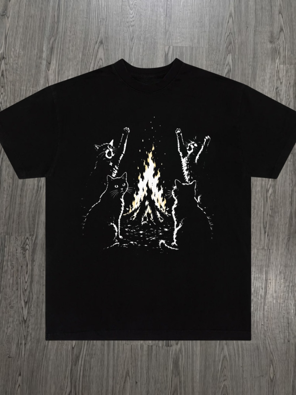 Gildan Black Tee with White Cats and Yellow Flame Graphic